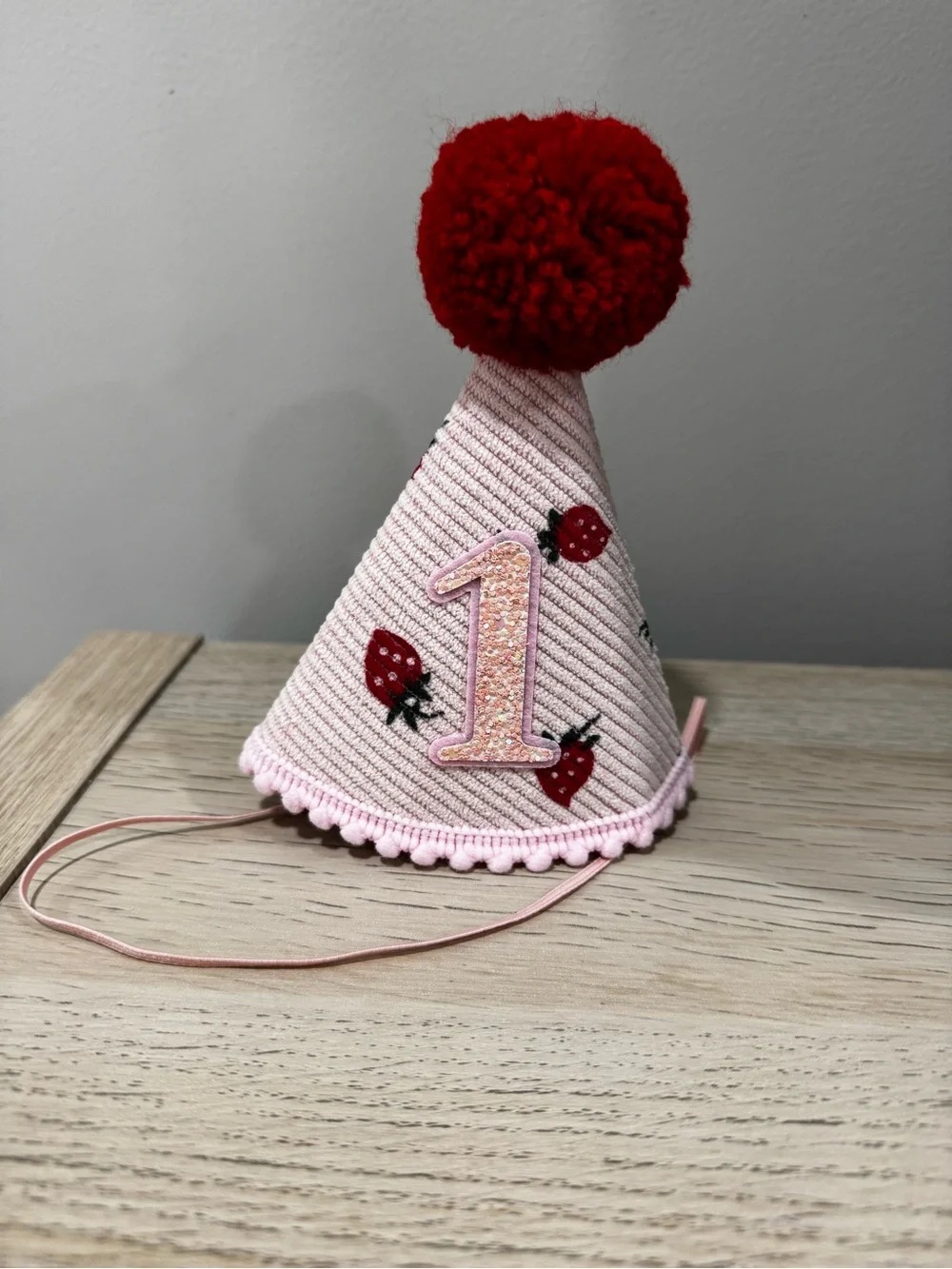 Kids 1st Birthday Strawberry Party Hat - Pink with Red Pom Pom